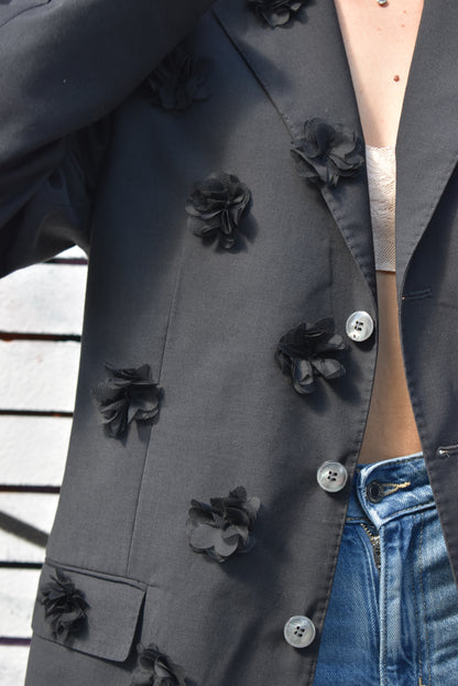 Blazer Vintage Nero con Fiori Applicati