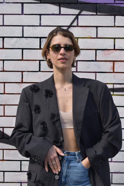 Blazer Vintage Nero con Fiori Applicati