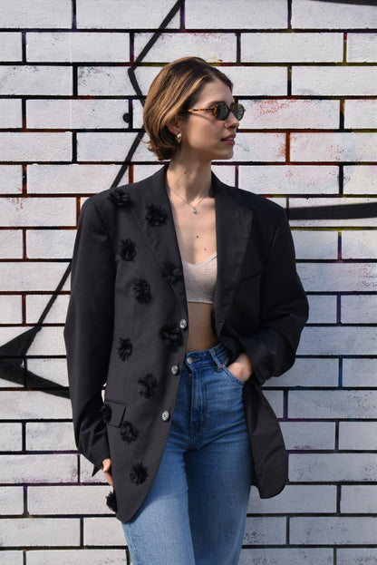 Blazer Vintage Nero con Fiori Applicati