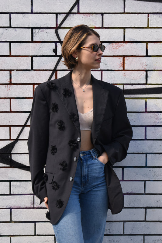 Blazer Vintage Nero con Fiori Applicati