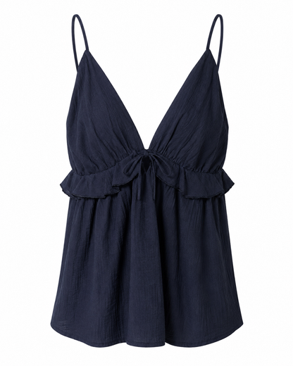 Top babydoll blu navy con spalline sottili, laccetto frontale e balza romantica.